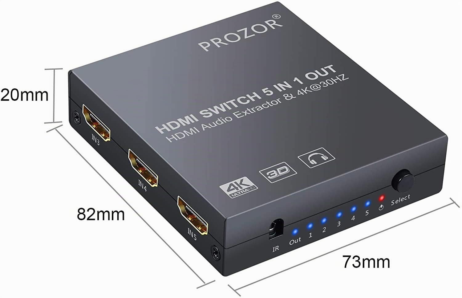 Convertidor 5x1 HDMI Switch Extractor de Audio con Salida Analógica y Óptica Toslink Soporta 4K 3D Incluye Mando y Cables (HDMI y 3.5mm a RCA)