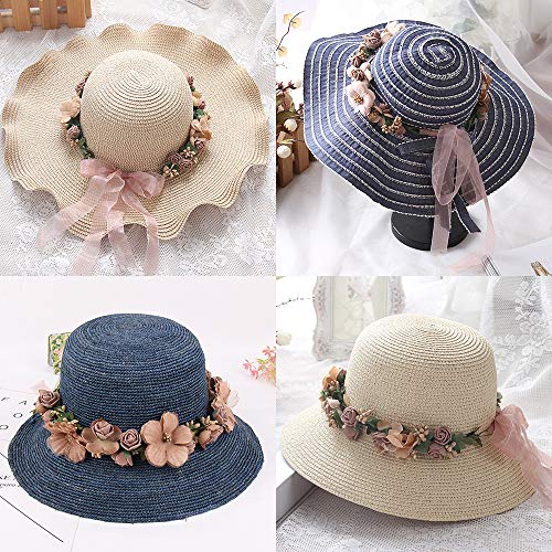 Flower Crown Headband Wristbands Rose Wreath Garland Hair Bands Wrist Bands Floral Wedding Bridal Hair Hoop Bracelet Women Leaf Ribbon Adjustable Handmade Rattan Vine Hair Accessories 3 Pack Blue - Thumbnail 3