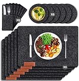 【Komplettes Zubehör】: Perfektes 18 Set Enthält 6 Tischuntersetzer Platzset (43.5 * 30 cm) + 6 Glas Untersetzer (10 * 10 cm) + 6 Bestecksäcken (25 * 8 cm). Hochwertig verarbeiteter Filz mit 44x32 cm und 4 mm Dicke ist ein Highlight auf Ihrem Esstisch.