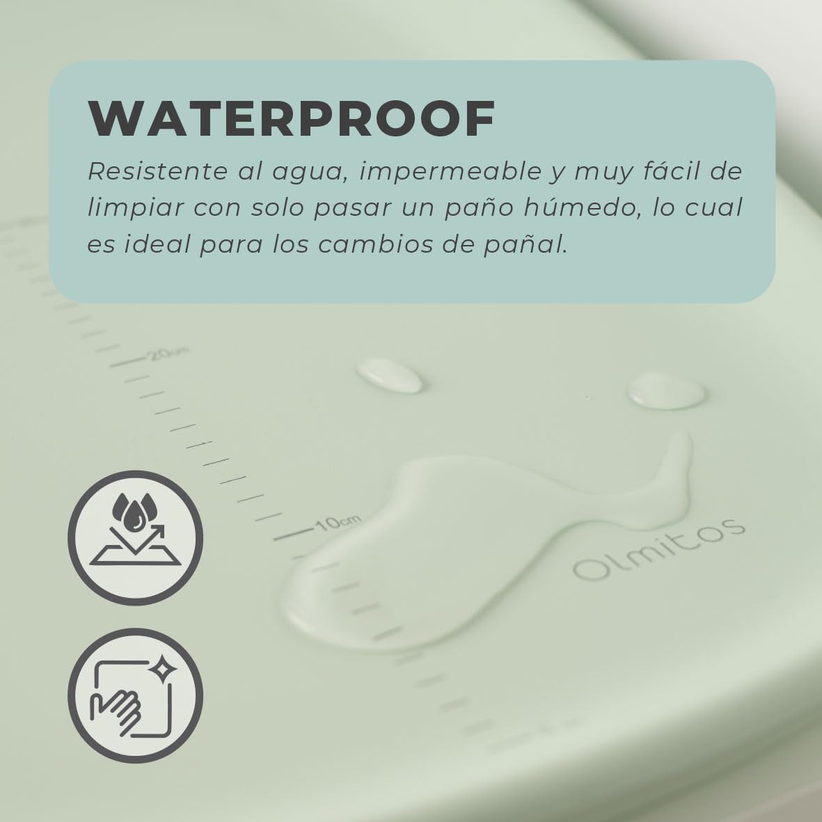 Olmitos - Cambiador de Bebé Antideslizante EVA – Superficie Impermeable, Lateral Elevado, Medidor de Crecimiento, Higiénico y Fácil de Limpiar – 69x44cm | Desde 0m hasta 12 meses (Menta)