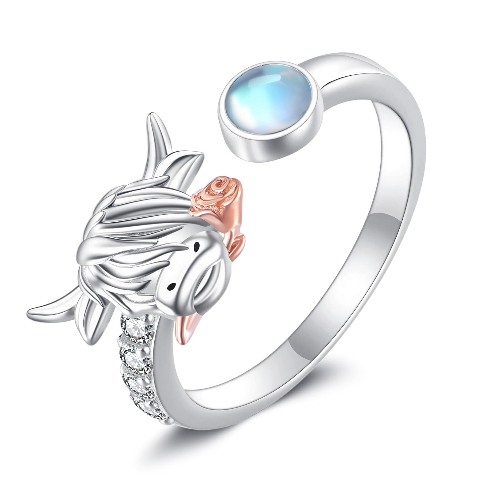 URONE Highland Rind Ring 925er Sterling Silber Mondstein Kuh Offene Ringe Süßer Tier Schmuck Geschenke für Damen