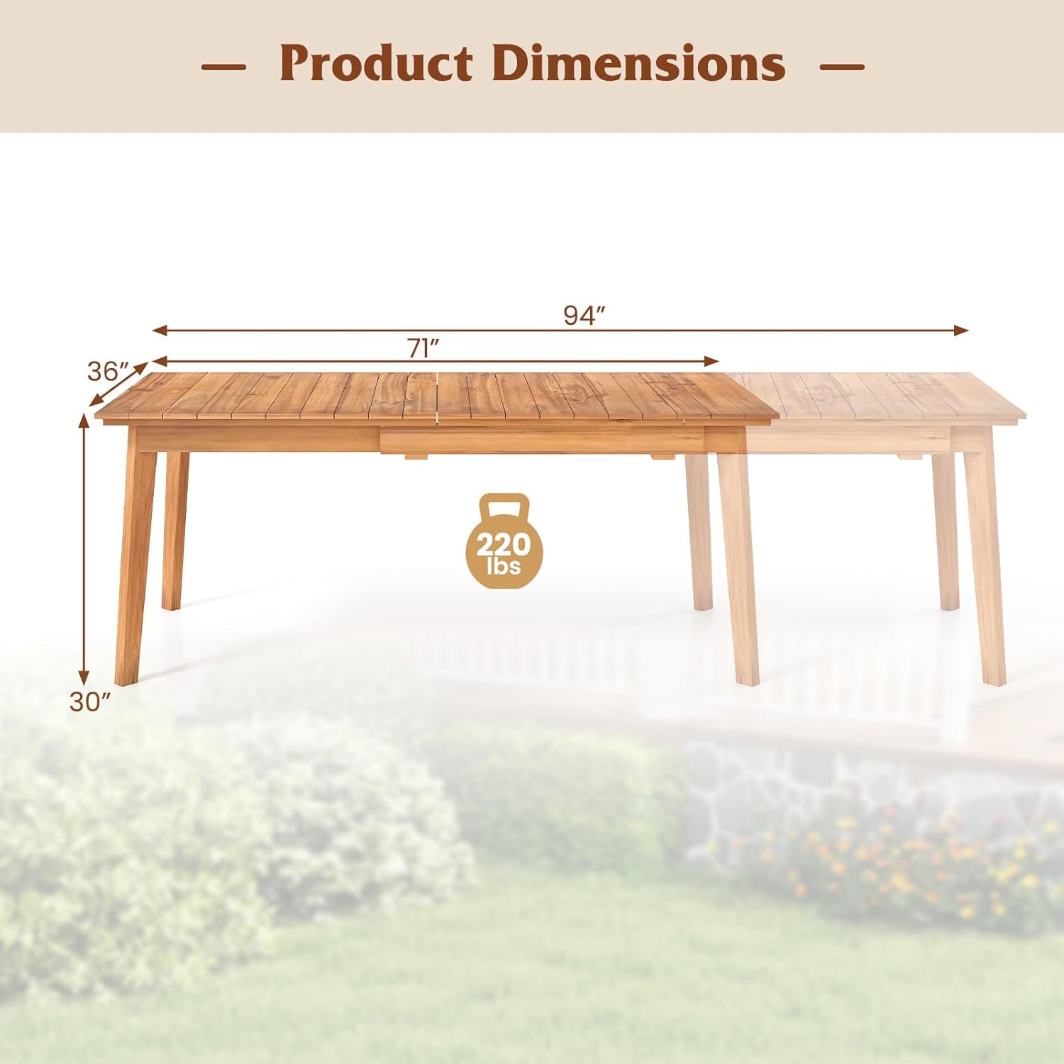 Tangkula 71"-94" Teak Wood Extendable Patio Dining Table for 6-8 People, Large Expandable Outdoor Slatted Table, Rectangular Outdoor Dinner Table for Garden, Lawn, Yard and Poolside