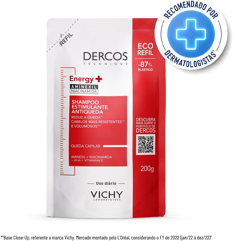 Vichy Dercos Energy+, Refil Shampoo Estimulante, Tratamento Antiqueda para Cabelos Fracos e Quebradiços, Fortalece os Fios com Aminexil, AHA, Niacinamida e Vitamina E, 200g Vichy Dercos Energy+, Refil Shampoo Estimulante, Tratamento Antiqueda para Cabelos Fracos e Quebradiços, Fortalece os Fios com Aminexil, AHA, Niacinamida e Vitamina E, 200g