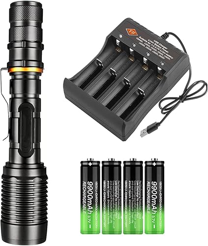 Linternas tácticas LED recargables de alto lúmenes con batería, 5 modos de zoom impermeable, potente linterna de mano para campamento, senderismo al