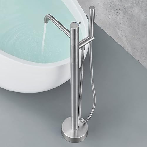 Miniatura 9 de Artiqua Grifo de bañera independiente para montaje en el suelo, níquel cepillado, latón con una sola manija, grifos de baño con ducha de mano