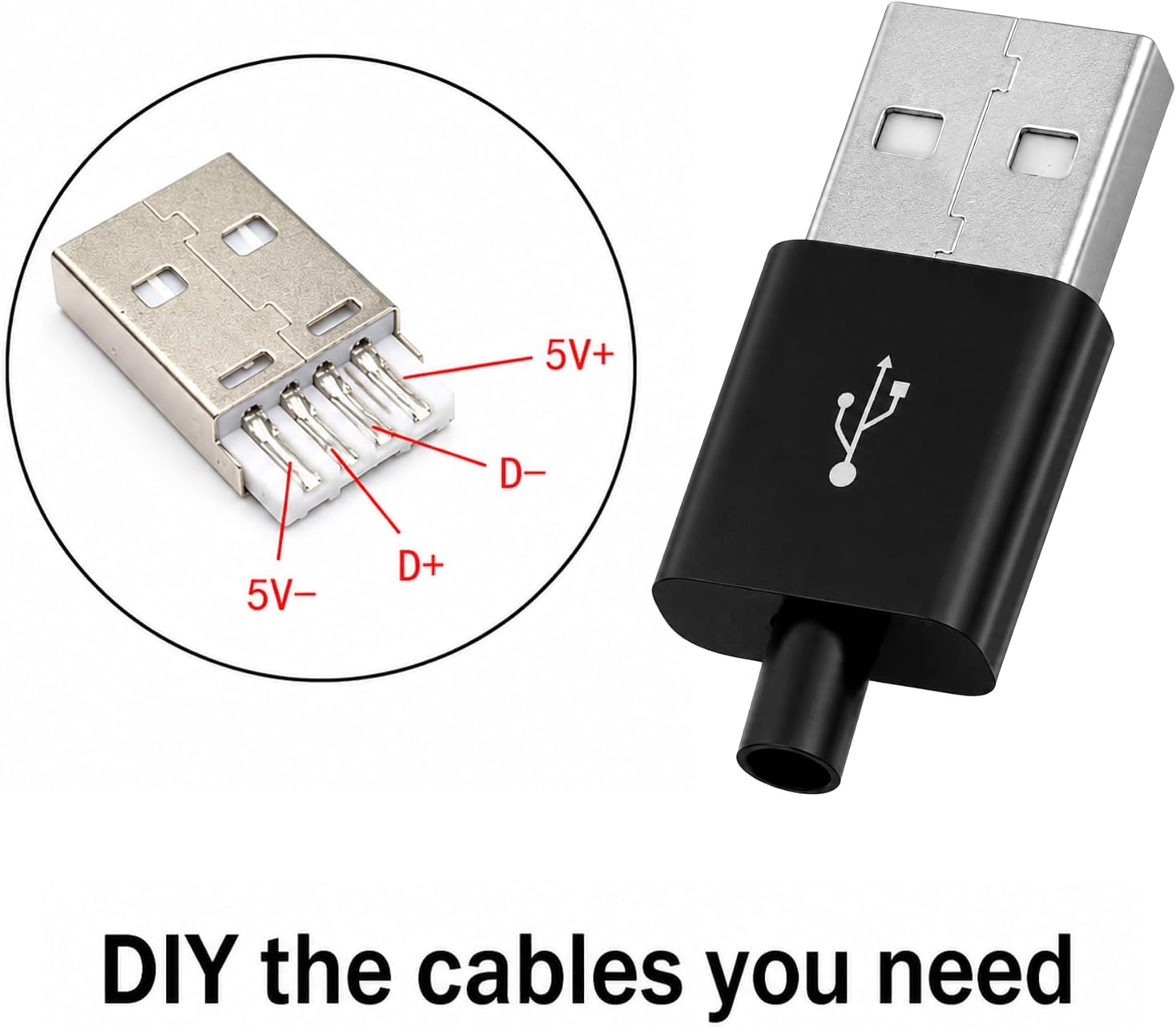 20 Sets USB Type A 4 Pin Male Jack Connectors Adapter, Type A 4 Pin Male Connector with Black Plastic Cover, DIY Repair Plug for Data Charging Port Replacement