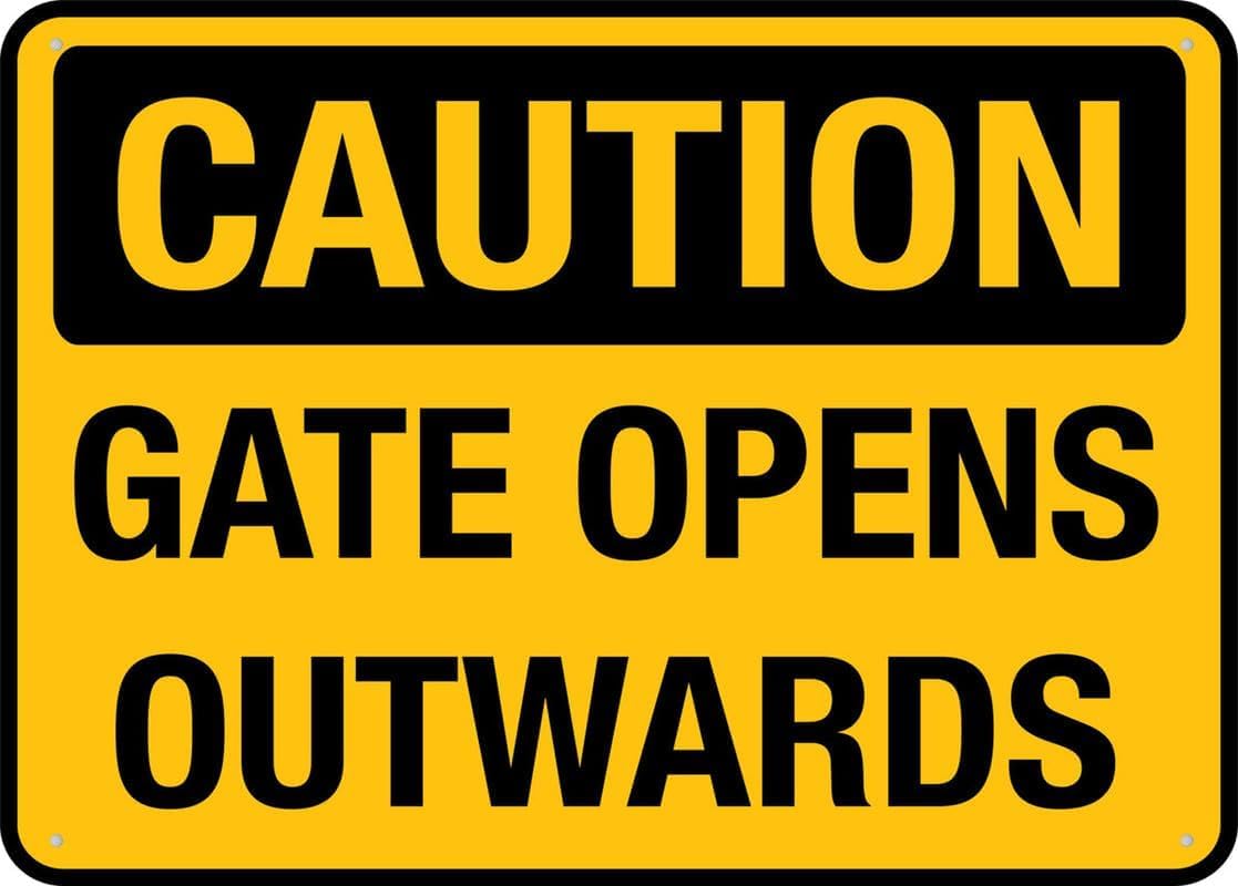 Caution Gate Opens Outwards Rust Free Aluminum Tin Sign - Warning Decor with Pre-Drilled Holes for Indoor-Outdoor Home Gate, Community Entrance, Farm Gate - 8x12 Inch​