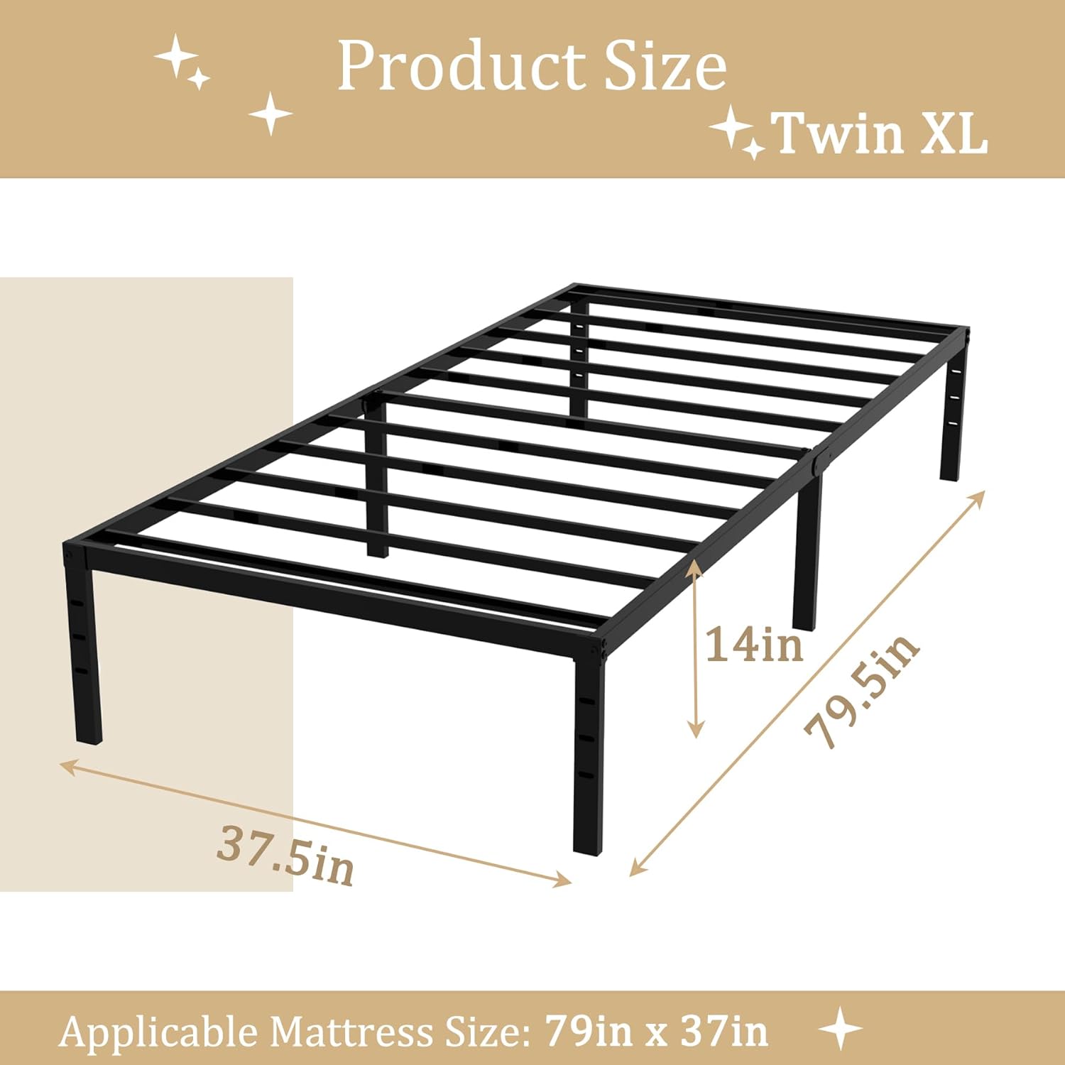 Twin XL 14 Inch Metal Bed Frame with Sturdy, Heavy Duty,Stable Structure,Easy Assembly,Bedroom,Guest Room,No Box Spring Needed, Iron,Child,Black
