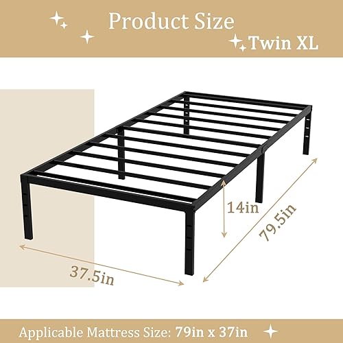 Miniatura 2 de Marco de cama de metal individual XL de 14 pulgadas con estructura resistente, estable, fácil montaje, dormitorio, habitación de invitados, no