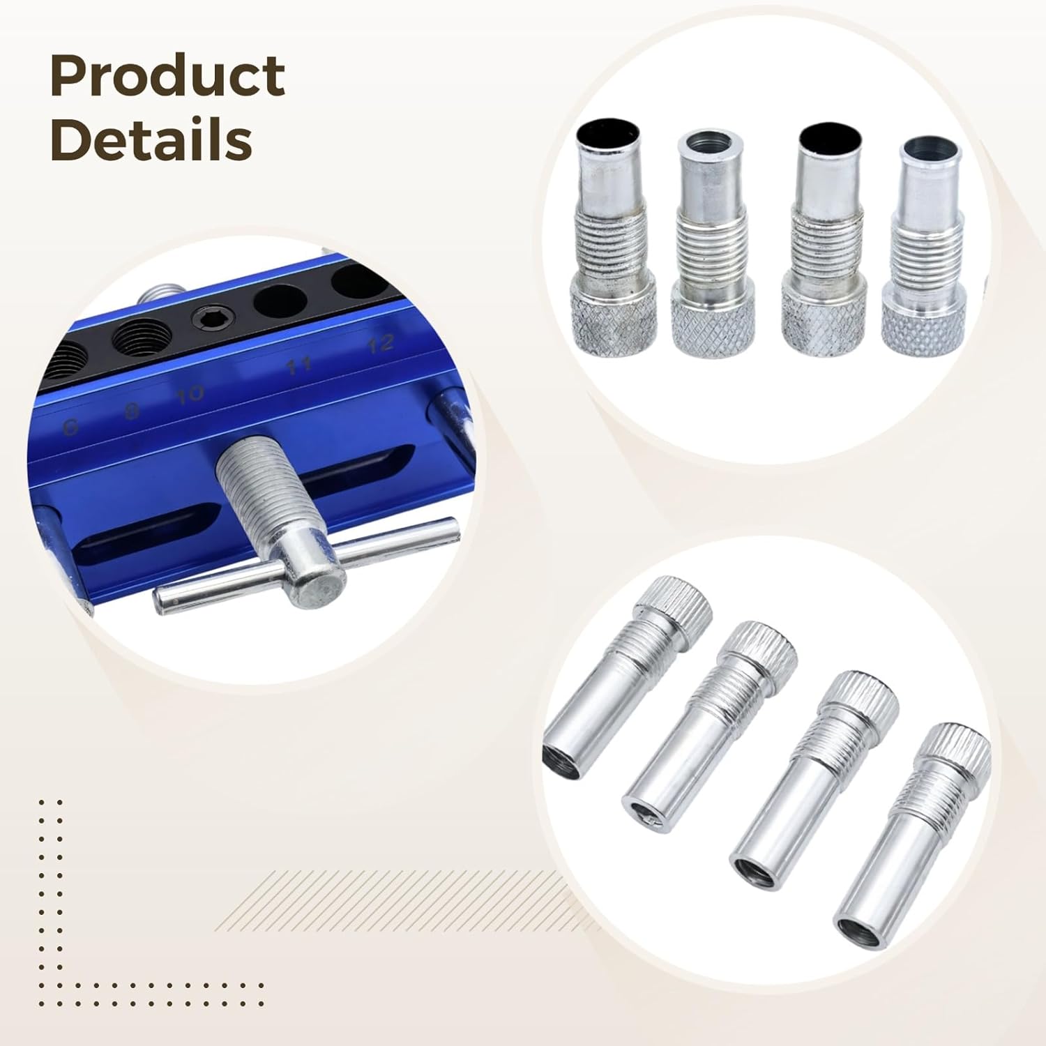 Self-Centering Doweling Jig, Adjustable Hole Guide, Precision Woodworking Tool, Blue Aluminum Body, Multiple Sizes