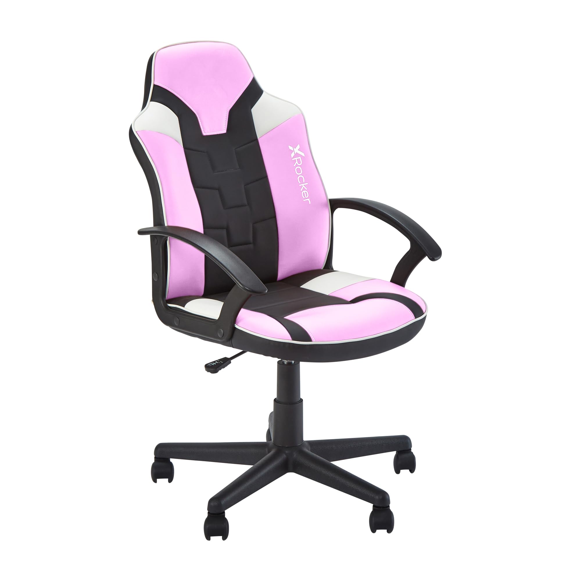 X-Rocker Saturn - Silla compacta de videojuegos con respaldo medio para niños y adolescentes, ergonómica, cómoda, altura ajustable, piel sintética fácil de limpiar, color blanco y rosa