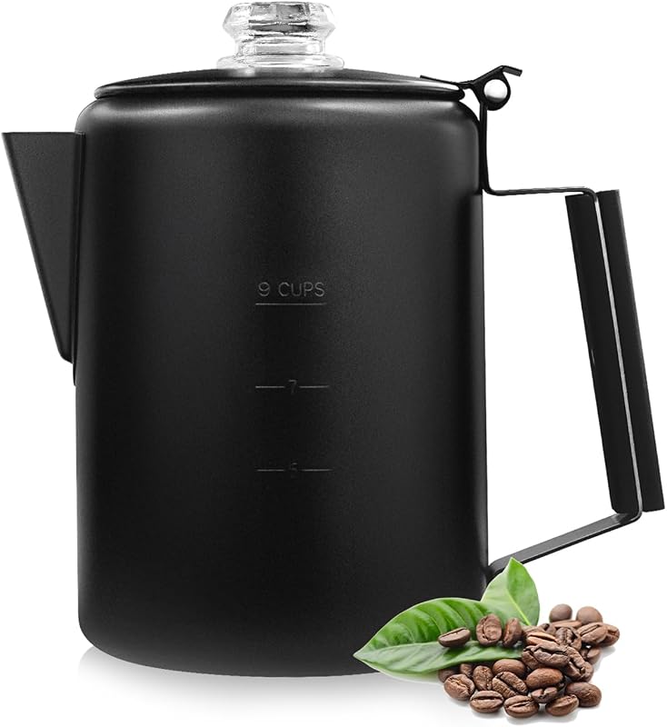 MEREZA Cafetera eléctrica para estufa, cafetera para acampar, acero inoxidable, 9 tazas, cafetera para acampar, hogar al aire libre, sin aluminio ni plástico, negro