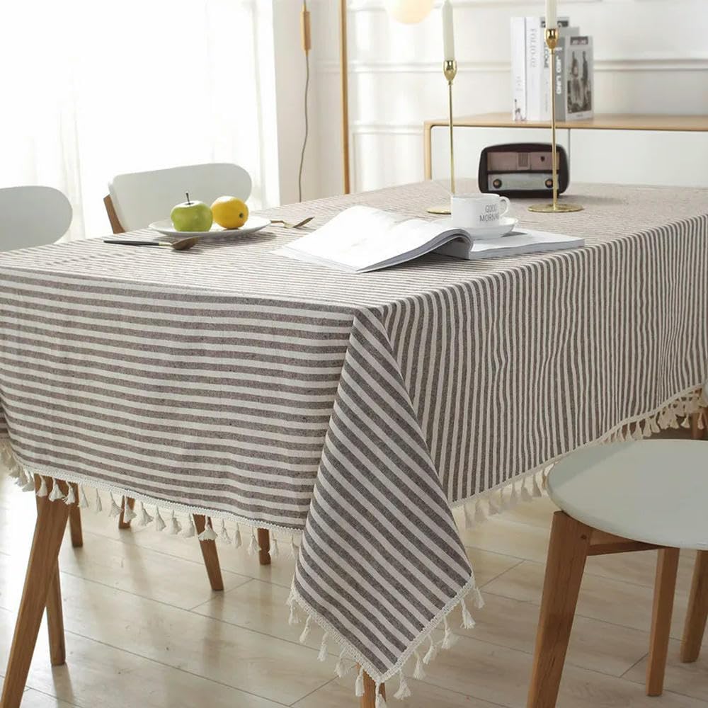 Mantel Cuadrado de Lino y algodón con Estampado de Rayas Mantel de Comedor con borlas Cubierta para Mesa de Banquete de Cocina 60~250cm