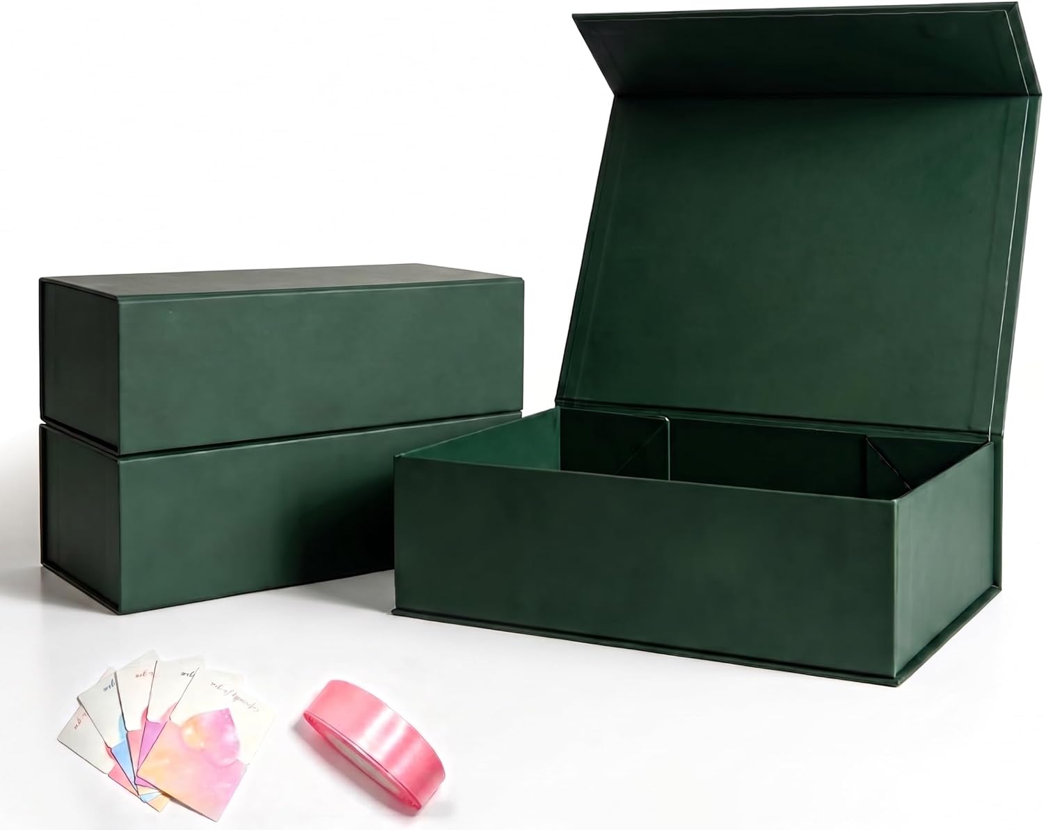 QDHATYME Gift Boxes Set of 3, Large Magnetic Closure Gift Box, 11.81x8.46x3.35 Inches Collapsible Green Luxury Present Box with Ribbon and Gift Card for All Occasions Gift Packaging
