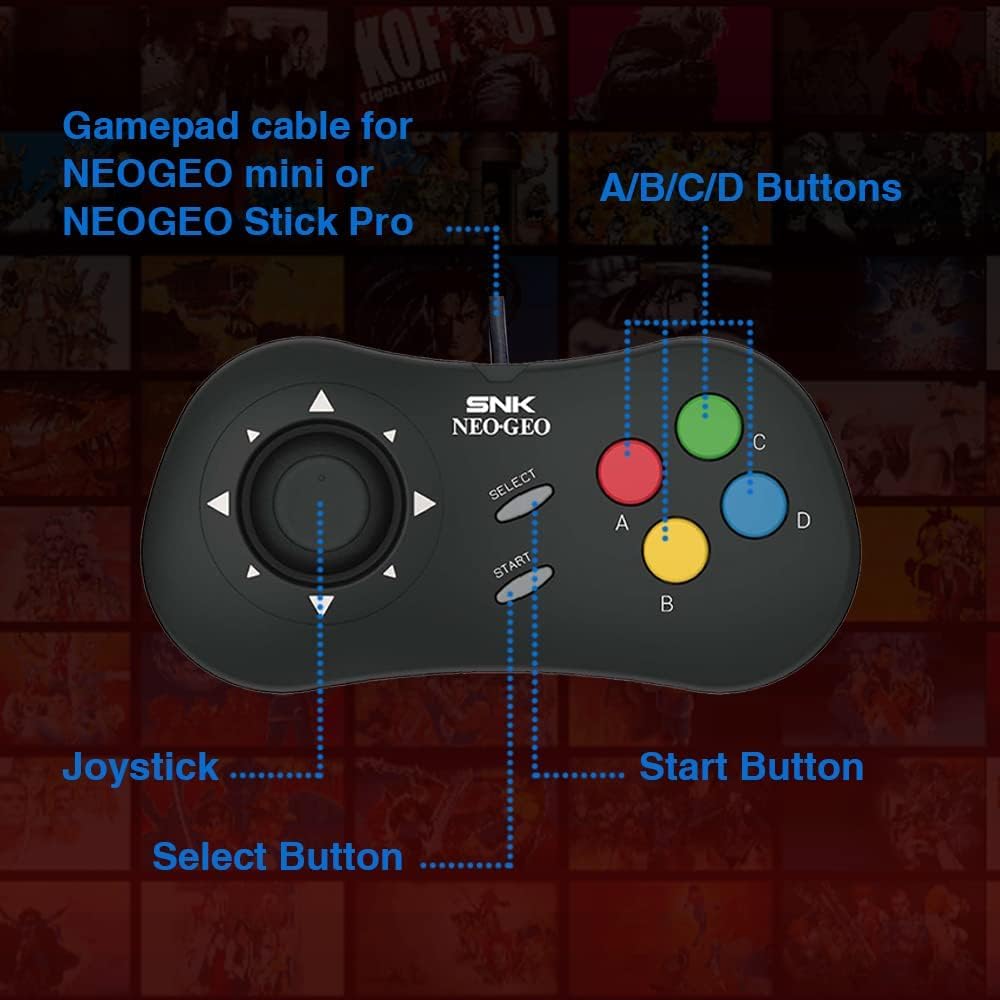 SNK Neo Geo Mini Controller mit klassischem klick-Joystick, SNK-Lizenziertes kabelgebundenes Gamepad, kompatibel mit dem NEO-GEO Arcade Stick Pro für Retro-Spiele für Zwei Spieler (Schwarz)