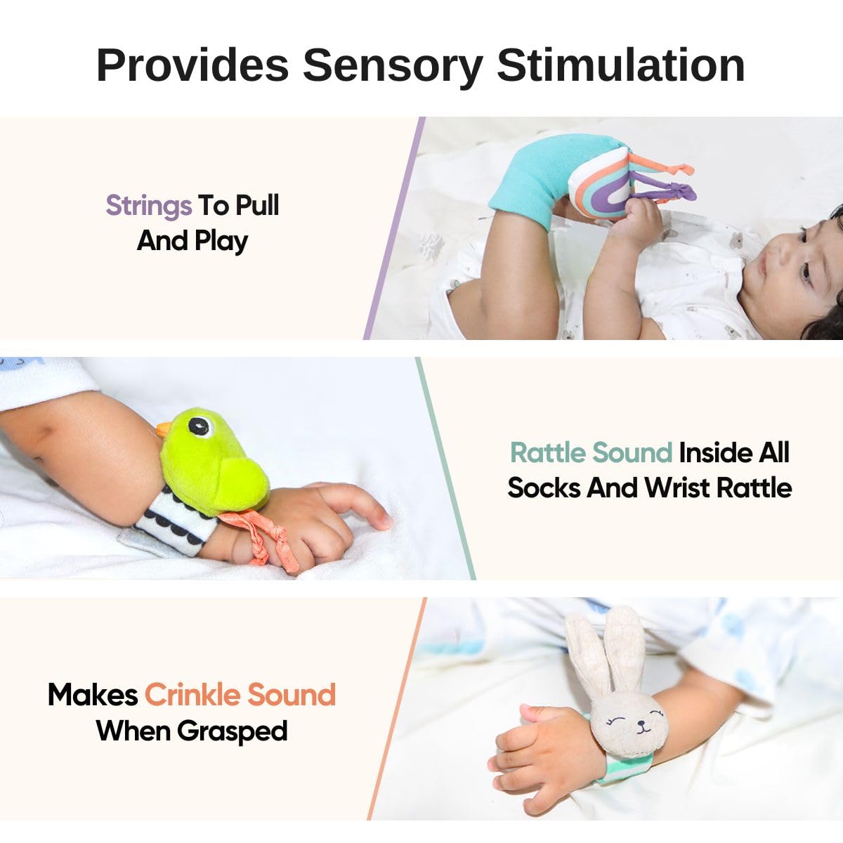 Curious Cub Wrist Rattle & Foot Finder Socks Toy Set For Baby Arm & Feet | Soft, Safe With Rattle Crinkle Sound | Ideal for 0-12 Months Toddlers | Early Developmental Sensory Toys | Newborn Baby Gift Set - Image 4 thumbnail