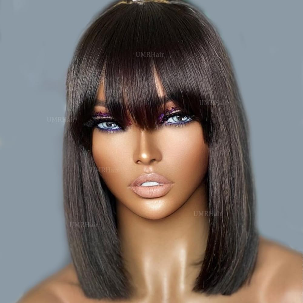Short Blunt Cut Straight Bob Wigs with Bang Human Hair for Women Scalp Top Black Bob Human Hair Wig with Bang Glueless Wigs Realistic Look Wear and Go 10inch 130Density