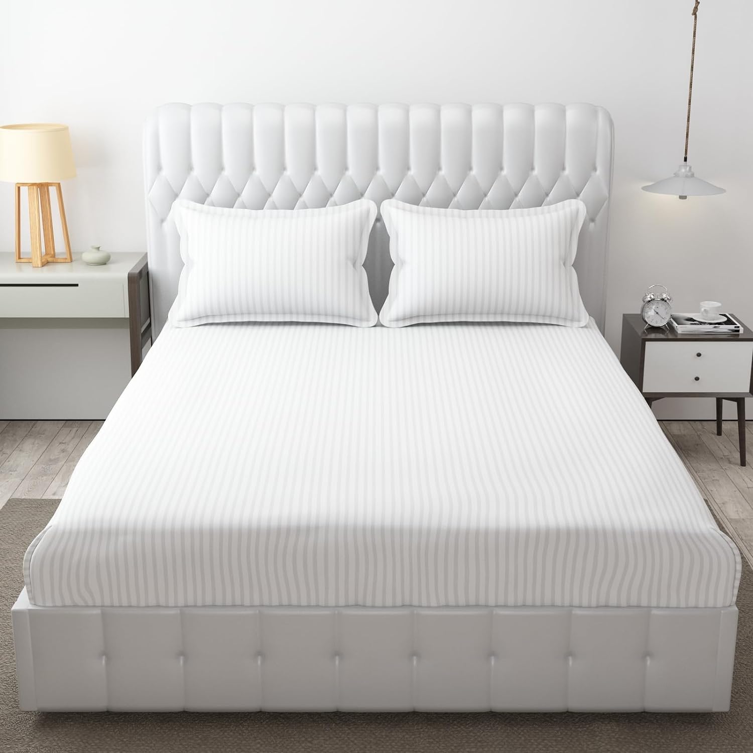 DREAMLINEN Premium Solid Stripes Cotton Satin Bedsheets for a Heavenly Sleep, 250 TC Glace Cotton Satin Striped Double Queen Size Bedsheet with 2 Pillow Covers, 90 x 100(White) (B0CP867973) Amazon Price History, Amazon Price Tracker