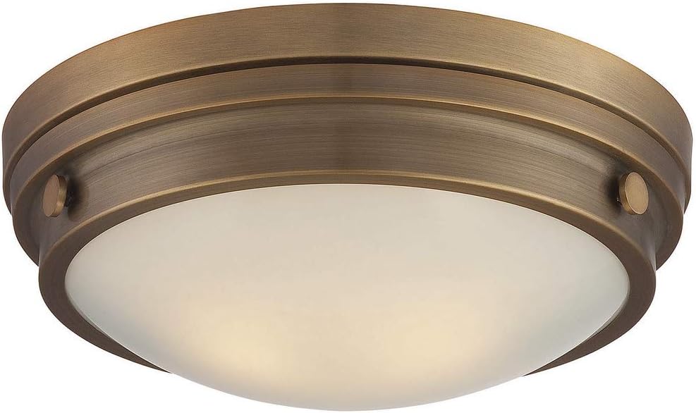 Savoy House 6-3350-14-322 Lucerne Industrial White Glass Flush Mount, 2-Light 120 Total Watts, 5" H x 13" W, Warm Brass
