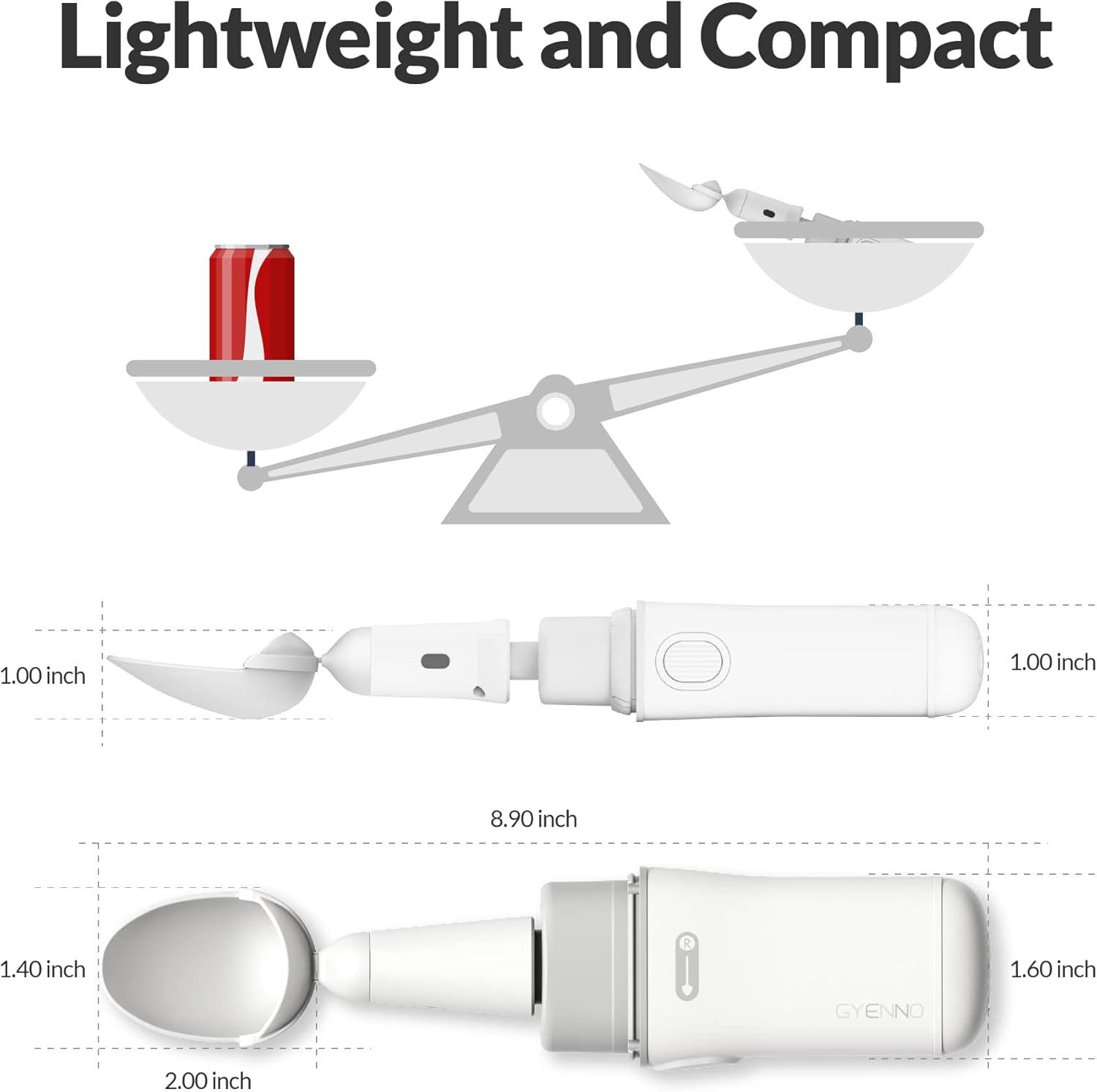 Diagram showing the dimensions of the GYENNO Parkinson Spoon, indicating its compact and lightweight design.