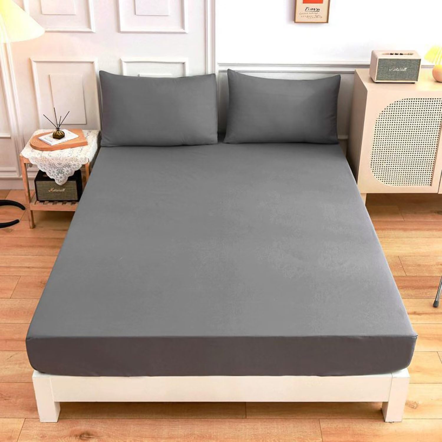 Full Fitted Sheet Wrinkle and Fade Resistant Cooling Sheets Mattress Height Up to 30 Cm for Box Spring Bed Water Bed 200x200cm Gray