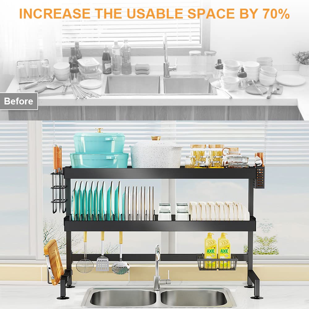 NETEL Égouttoir à Vaisselle au-Dessus de l'évier à 3 Niveaux Antirouille avec Porte-ustensiles et Support pour Planche à découper pour Rangement et Organisation de Cuisine Nior Longueur 105cm