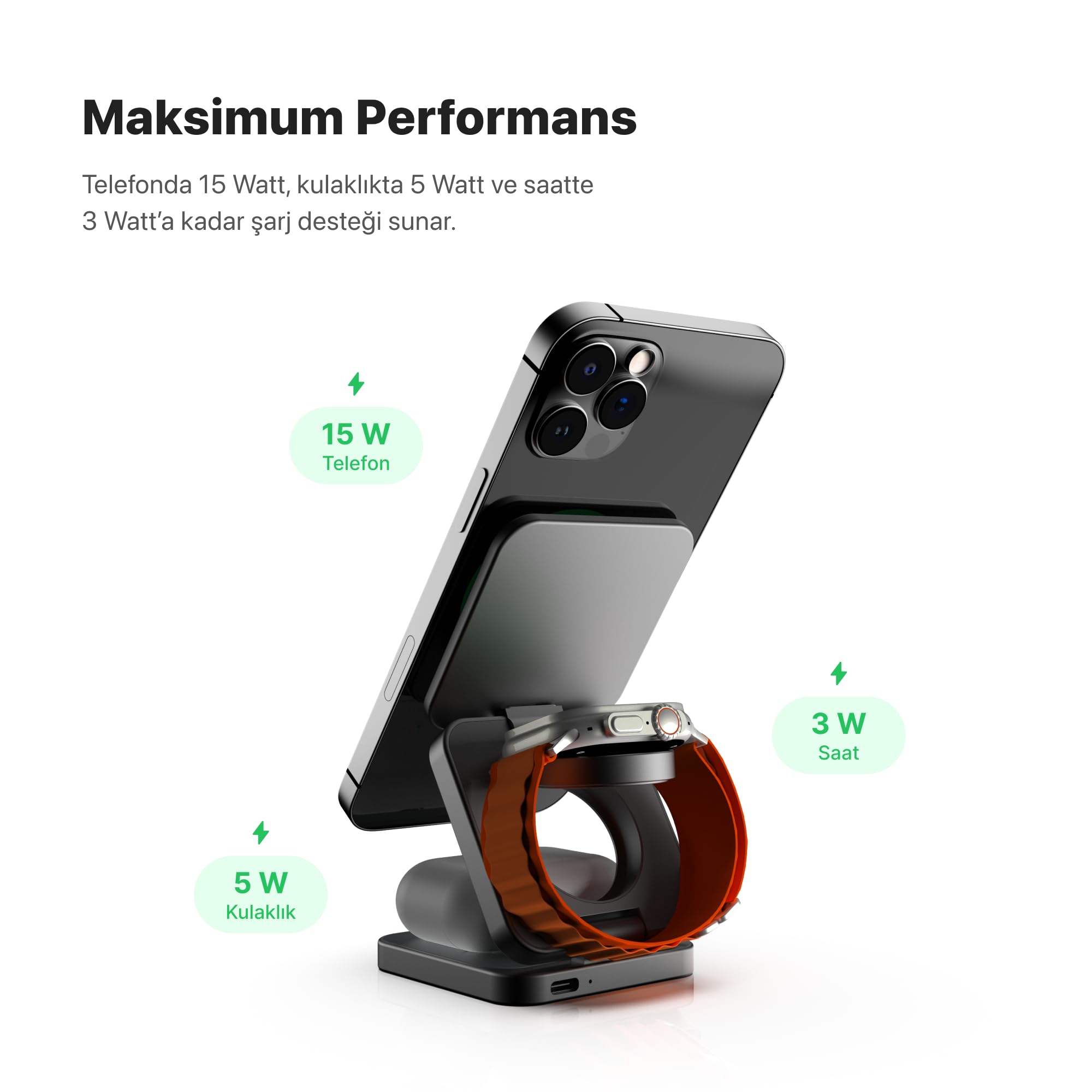 Xenon Smart Kablosuz Şarj Standı 3'ü Bir Arada Apple Iphone