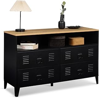 IDMarket - Commode 4 tiroirs Ester 115 cm métal Noir et Plateau façon hêtre avec Niche Design Industriel
