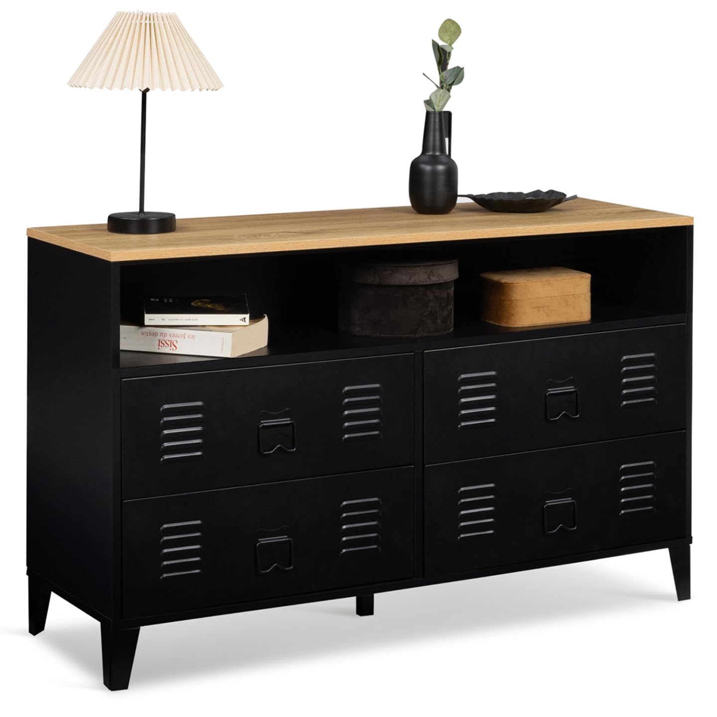 IDMarket - Commode 4 tiroirs Ester 115 cm métal Noir et Plateau façon hêtre avec Niche Design Industriel