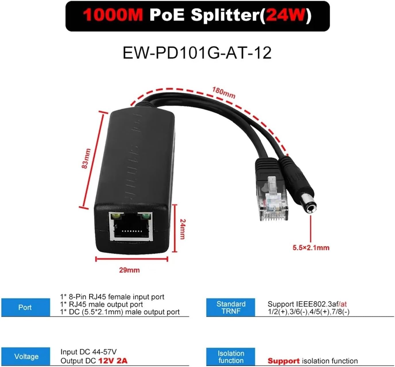 Gigabit POE Splitter 10/100/1000Mbps IEEE802.3af/at 44-57V to 12V Power Supply (Size : DC12V 2A 24W)