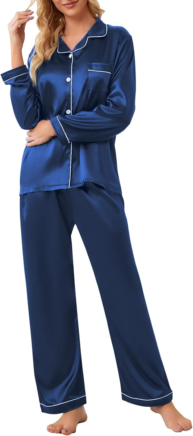 Umeyda Girls & Womens Satin Pajamas Set, 2 Pieces Silky Pjs Long Sleeve + Pants Sleepwear for Mom Kids and Boys