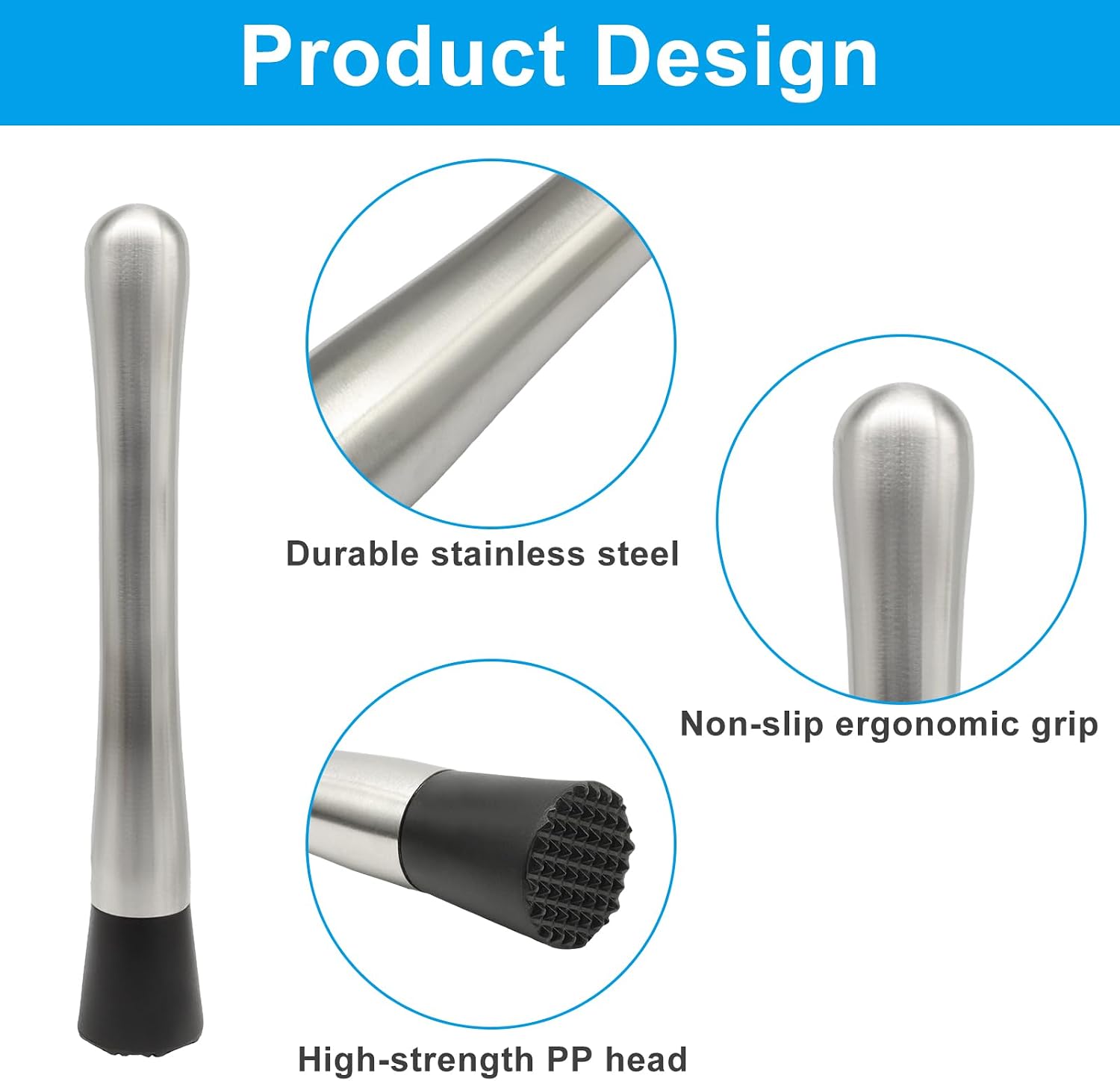 Murtenze Muddlers for Cocktail, 8 Inch, Stainless Steel, 4 Pack