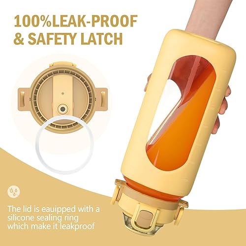 Miniatura 3 de BLUEGO Botella de agua de vidrio de 64 onzas, botella de agua motivacional con marcador de tiempo y pajilla, botella de agua de boca ancha de medio