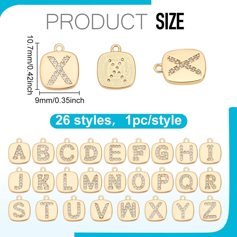 PH PandaHall 26 Styles Cubic Zirconia Letter Charms, Brass Alphabet Pendants A to Z Golden Rectangle Charms for DIY Wine Glass Necklace Bracelet Earrings Keychain Craft Jewelry Making - Image 2