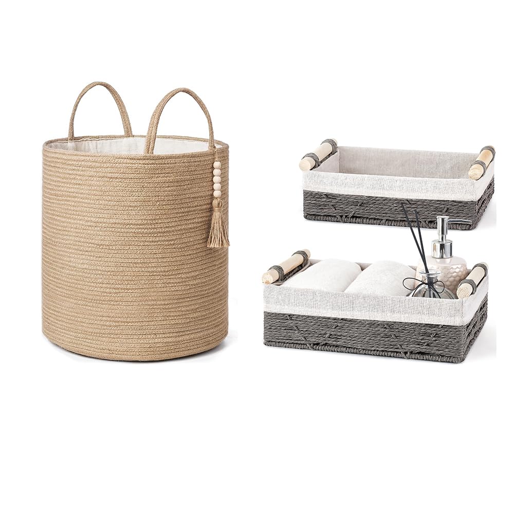 Mkono Jute Storage Basket and Paper Rope Storage Baskets, Boho Home Decor for Bathroom Bedroom Living Room Apartment, Set of 3