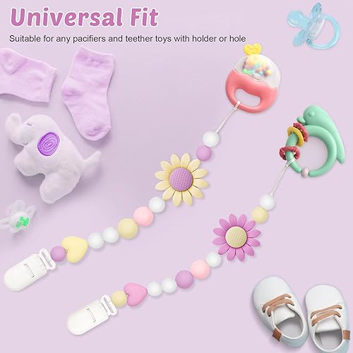 Miniatura 4 de Paquete de 2 clips de silicona para chupete para niños y niñas, con diseño de una sola pieza con clip, adorable soporte para chupete de girasol para