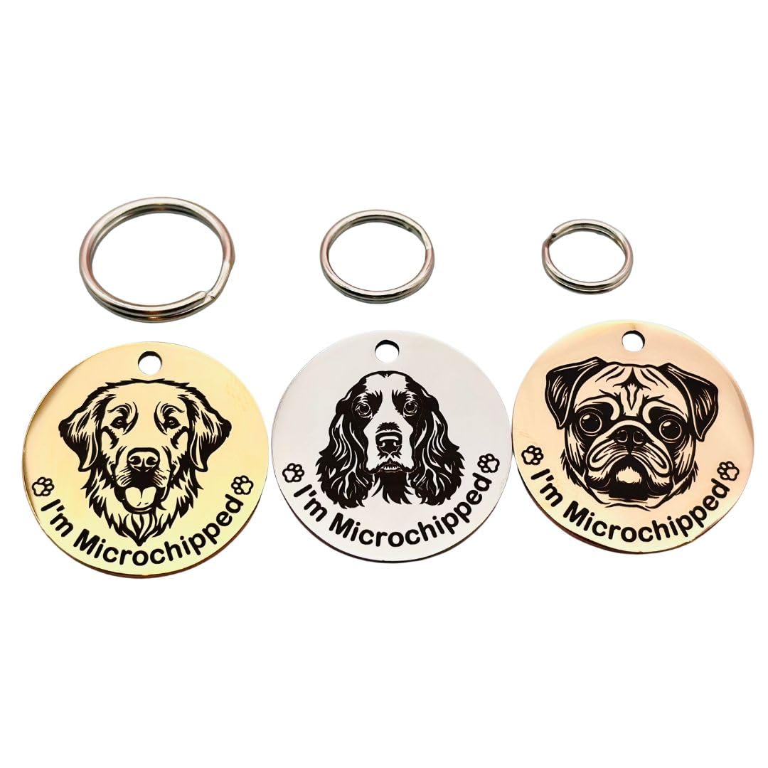 Personalised Dog Breed ID Tag Stainless Steel – Custom Pet Identity Tag with Breed Design – Engraved Name & Contact Details – Silver, Gold or Rose Gold – 25mm or 30mm