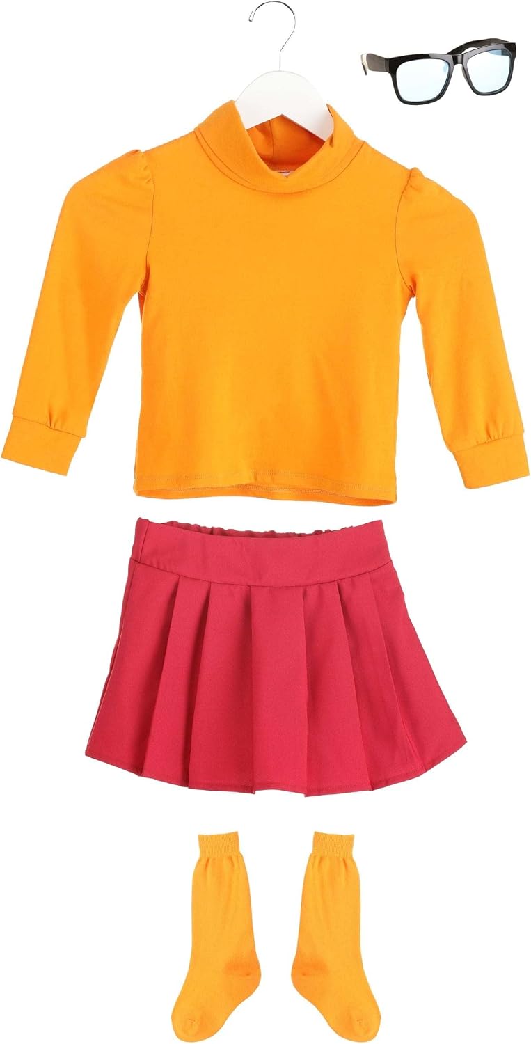 Scooby Doo Velma Costume for Toddlers, Orange Turtleneck Sweater & Knee High Socks, Red Skirt & Glasses