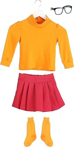 Vista 4 de Scooby Doo Velma Costume for Toddlers, Orange Turtleneck Sweater & Knee High Socks, Red Skirt & Glasses
