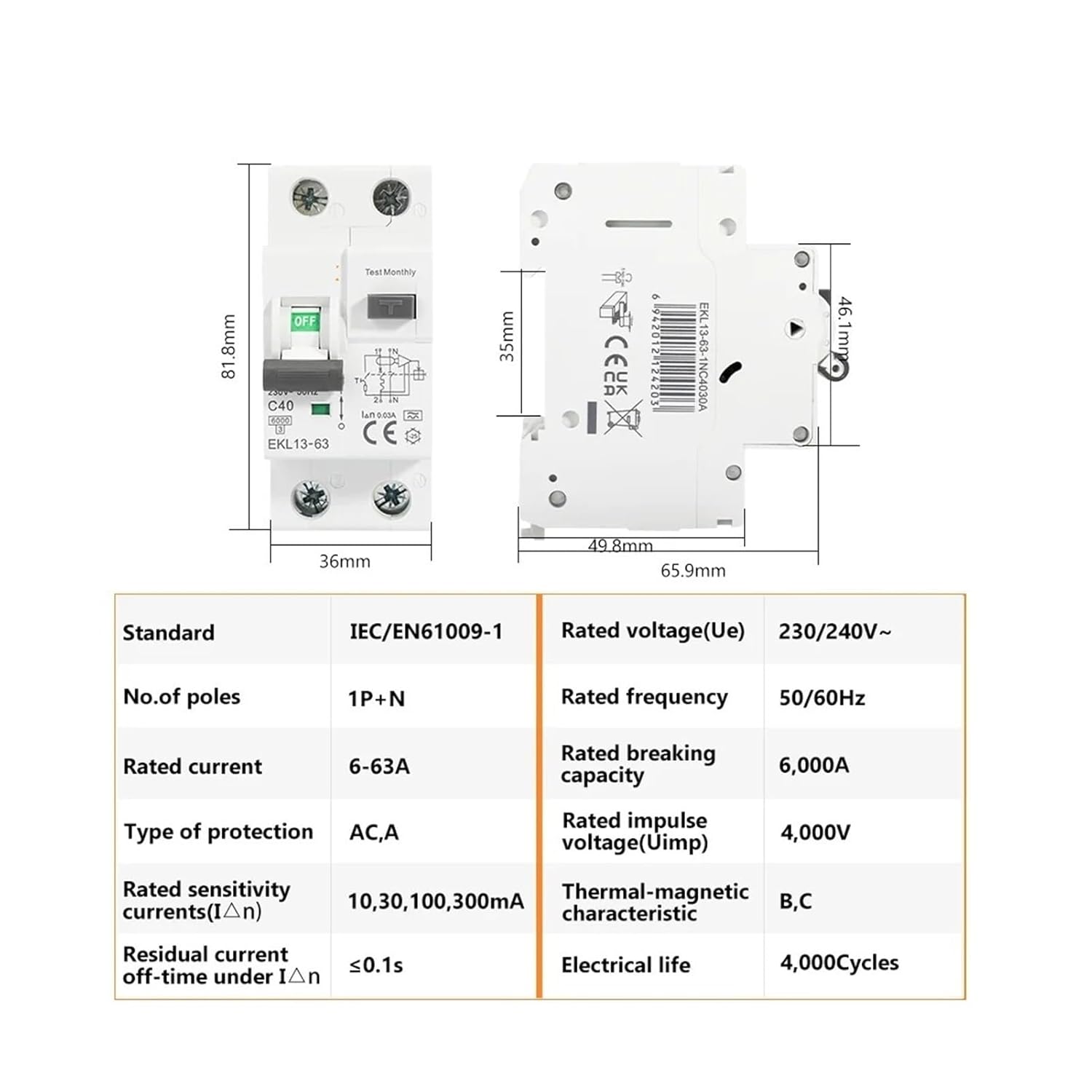 ETEK RCBO Circuit Breaker Dimensions and Specifications Table