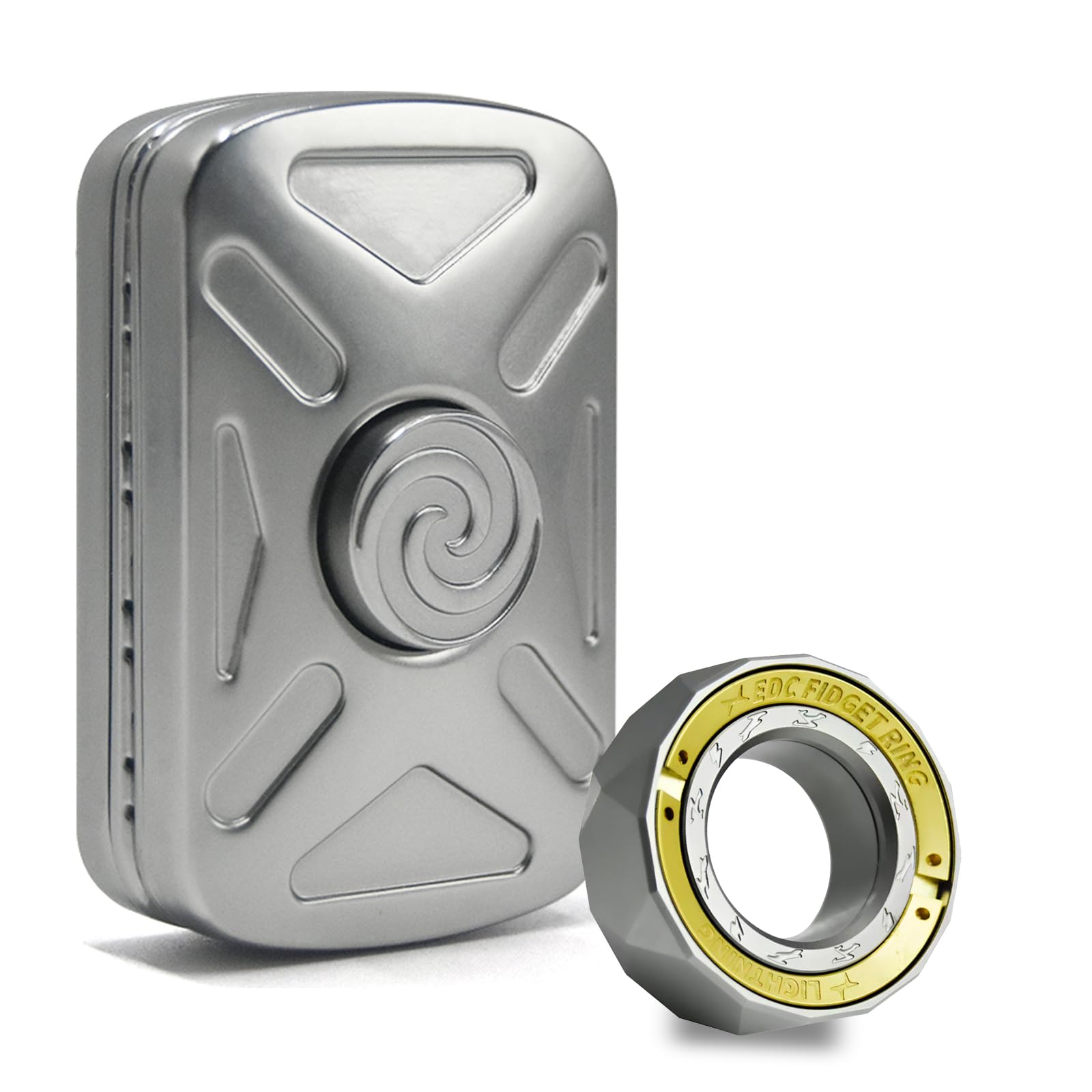 Buffcy 2 Packs Fidget Toy, Sound/Silent Fidget Ring, Lightning Fidget Spinner for Adults, Metal Vortex Fidget Toys Adults for Stress Relief, Fidget Slider for Anxiety, Gift for Adults (Silver - 2 Set)