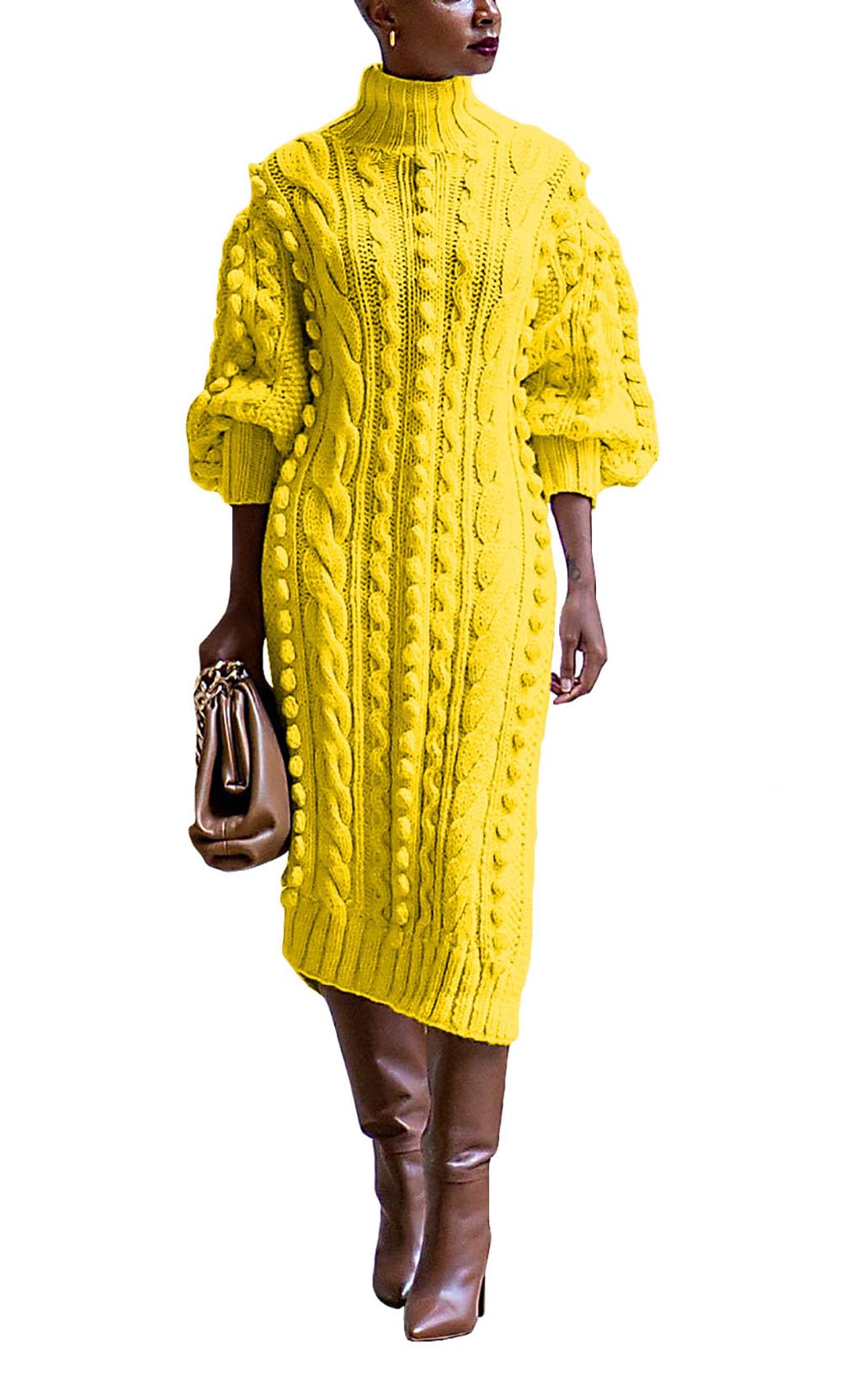 Womens Cable Knit Sweater Midi Dress Turtleneck Long Sleeve Loose Tunic Plus Size Split Sweater Dresses for Fall