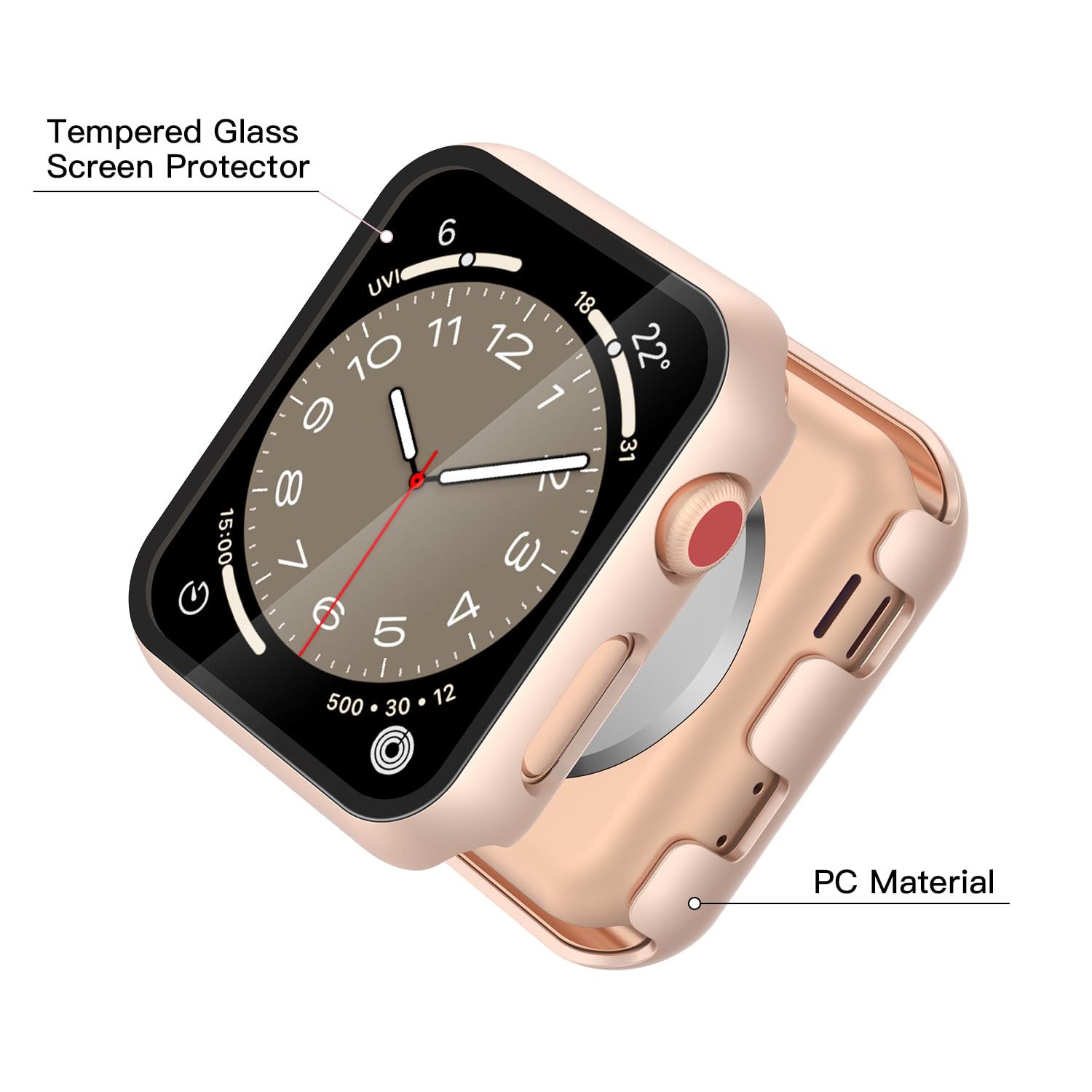 Misxi Schutzhülle für Apple Watch Serie 3 / Serie 2, 42 mm, gehärtetes Glas, harter PC-Displayschutz, Gesamtschutz, kratzfeste Abdeckung für iWatch, 2 Stück, 1 Roségold + 1 Transparent