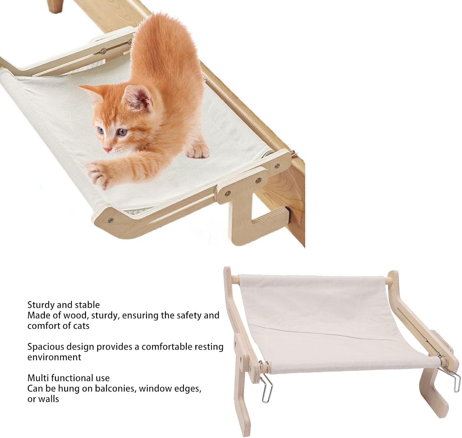 Cat Window Perch, Sturdy Wood Frame Structure Cat Window Hammock, Easy Assembly Cat Bed for Windowsill, Bedside,Drawer and Cabinet, 18.90x14.96x8.27in (Sunicongl1H1M-11)