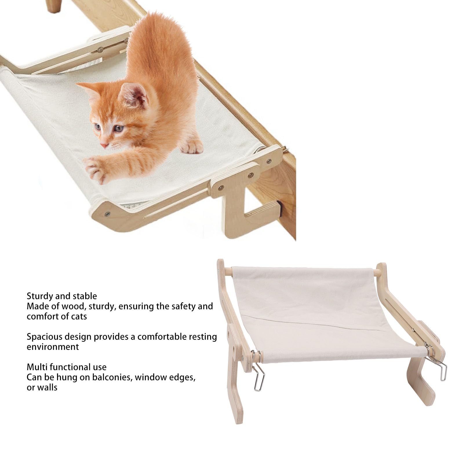 Cat Sill Window Perch Wood Frame Sturdy Structure Comfortable Wall Mount Bedside Cat Hammock for Bedside Drawer Cabinet (Gray)