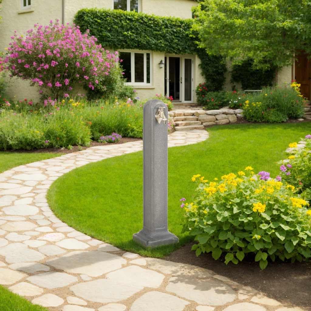 vidaXL Cisterna de Jardín con Grifo Patio Exterior Fuente Columna de Agua Conectar Mangueras Regar Plantas Flores Aspecto de Piedra Gris Claro