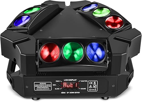 Luces de cabeza móvil Spider, luces de DJ U`King 9 cabezas LED X 10W RGB, luces de escenario 12/19 canales DMX-512 y activadas por sonido,