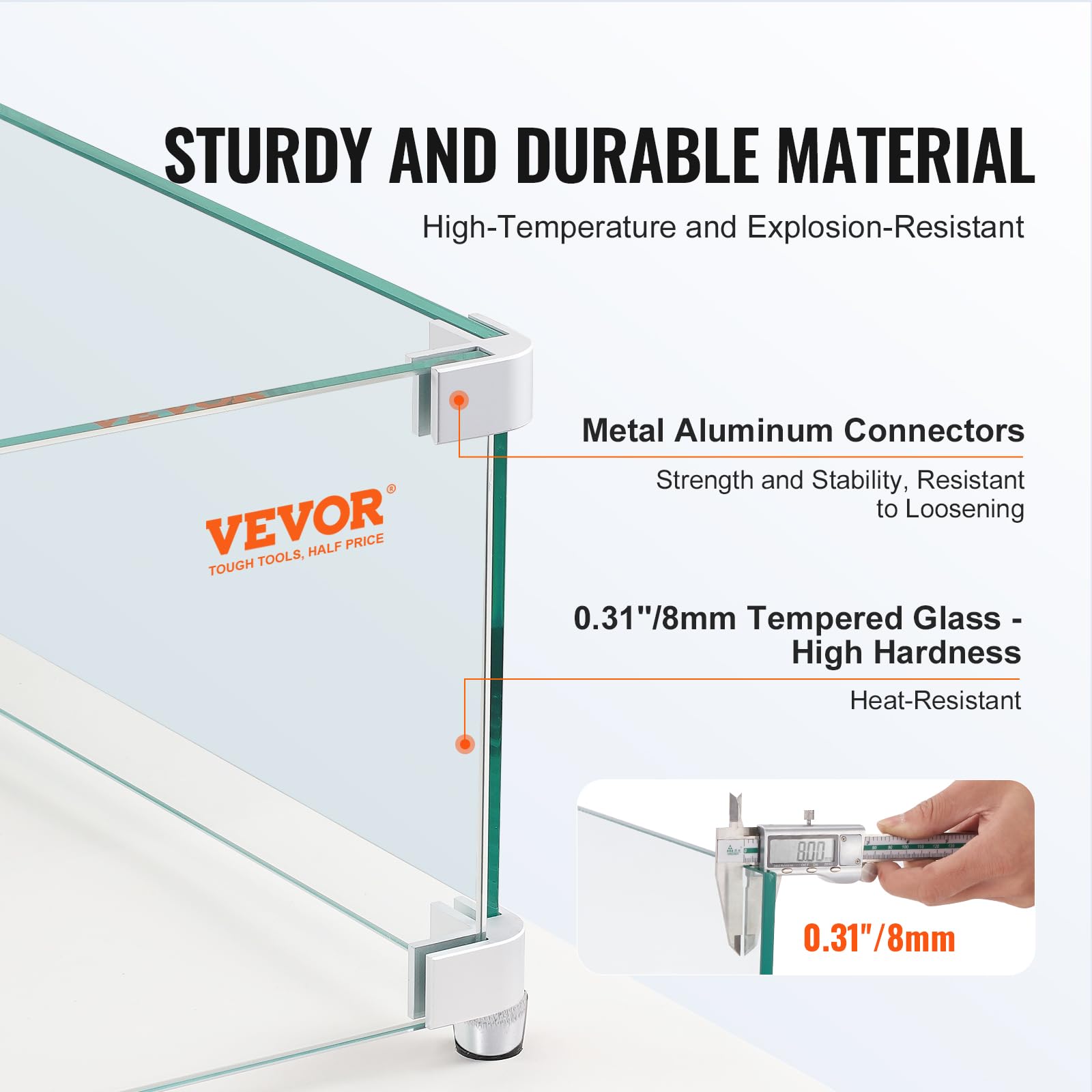 VEVOR Pare-vent pour Foyer à Gaz, 380x380x180 mm Pare-vent en Verre Trempé pour Brasero Écran de Protection Carré Pare-flamme Robuste Coupe-vent Stable Épaisseur 8 mm avec Support de Coin Dur et Pieds
