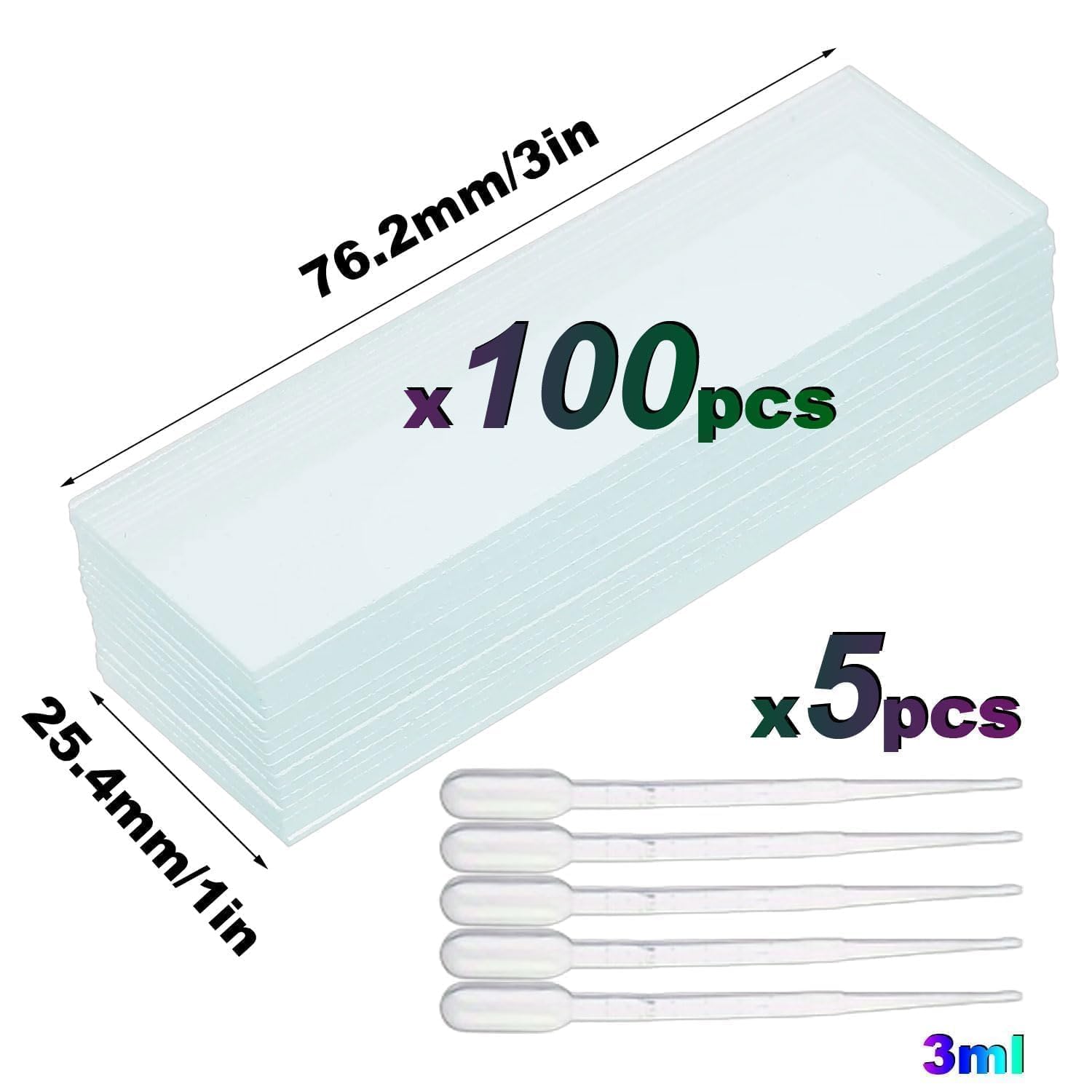 100 pièces Lames de microscope en verre, Accessoires pour microscope, Lames de Microscope, Lame Microscope, Lamelles de microscope, Lames pré-nettoyées, 25,4 x 76,2 mm, dont 5 compte-gouttes