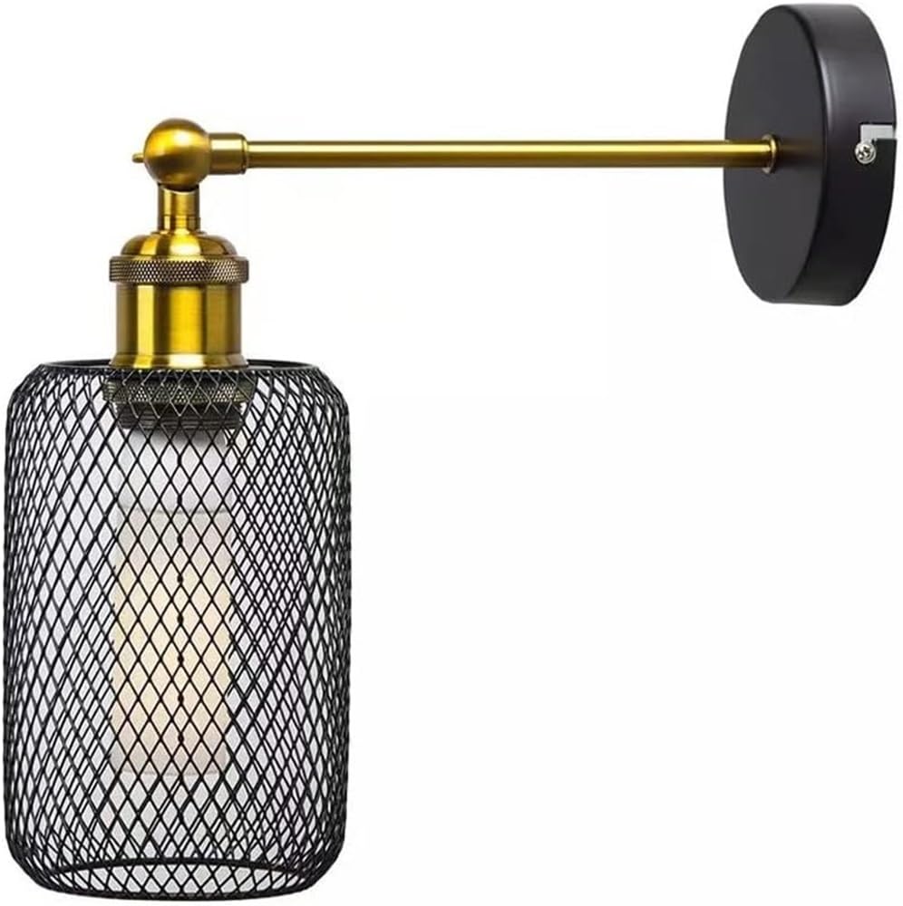 Applique da Parete Industriale Vintage, da da Parete con ano reabile, Gabbia in Rete Metallica Nera, Dettagli in Ottone, Base E26/E27, da da Parete a 1 Luce per Camera da Letto, soggi
